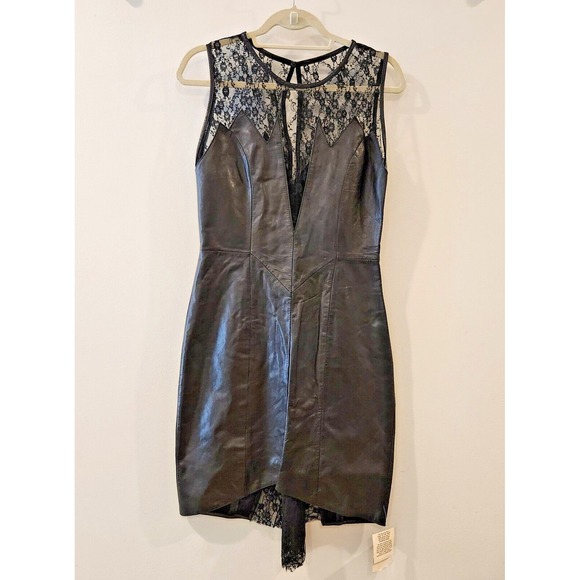 Women's Sheath Dress Black Authentic Leather with Lace Sleeveless Size 28 Waist - Picture 1 of 11
